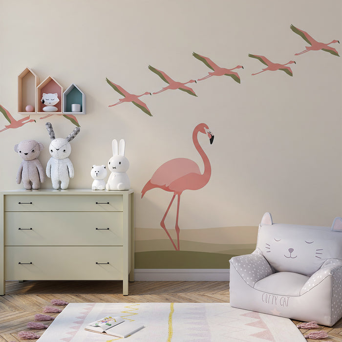Baby room wallpaper | Elegant flamingos on a soft background