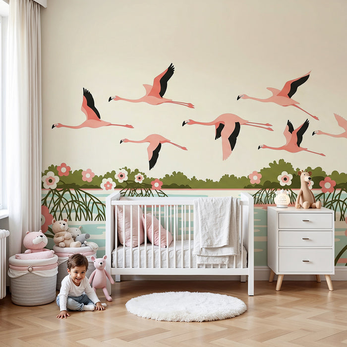 Babykamer behang | Roze flamingo's in vlucht boven een bloemenmeer