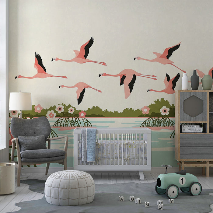Babykamer behang | Roze flamingo's in vlucht boven een bloemenmeer