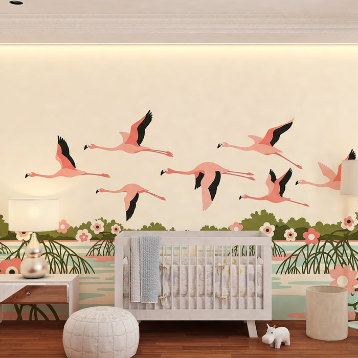 Babykamer behang | Roze flamingo's in vlucht boven een bloemenmeer