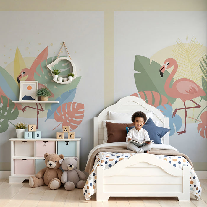 Tapet za detska staia | Flamingo i tropsko listo v pastelni tsvetove