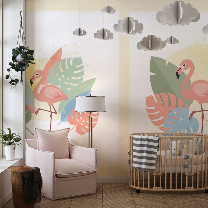Tapet za detska staia | Flamingo i tropsko listo v pastelni tsvetove
