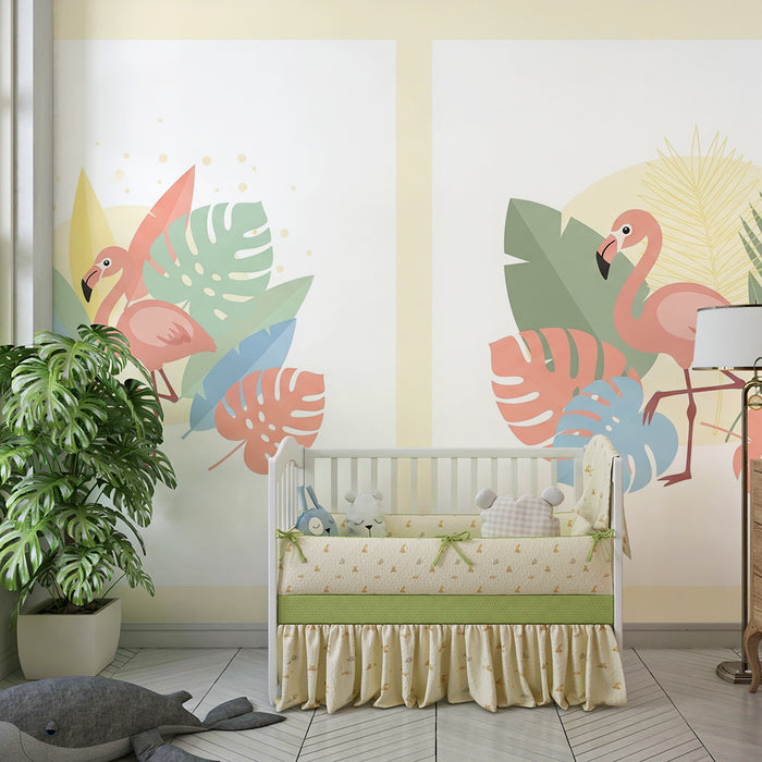 Tapet za detska staia | Flamingo i tropsko listo v pastelni tsvetove
