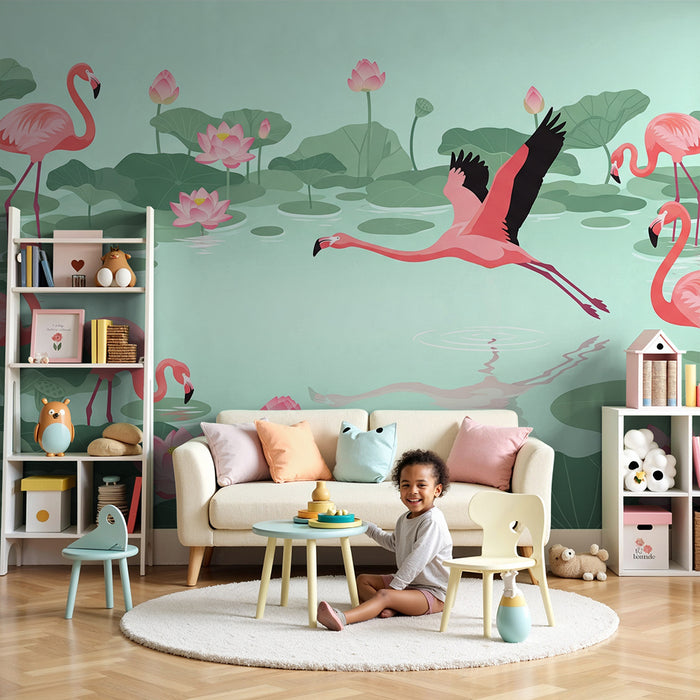 Barnsrumstapet | Rosa flamingos och lotusblommor i ett lugnande vattenlandskap