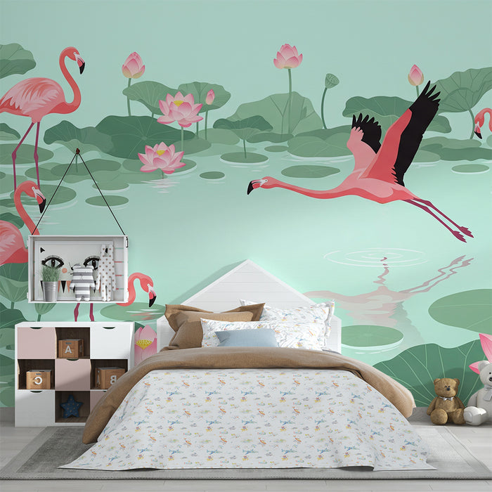 Barnsrumstapet | Rosa flamingos och lotusblommor i ett lugnande vattenlandskap