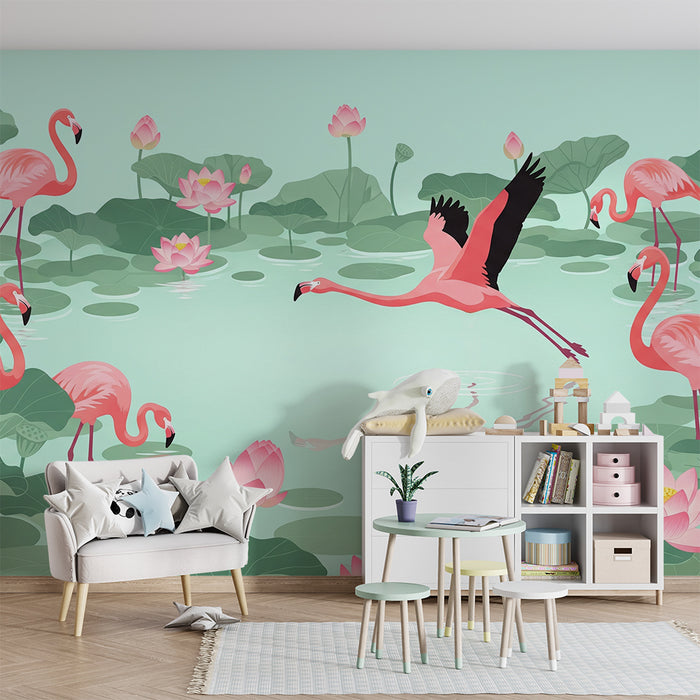Barnsrumstapet | Rosa flamingos och lotusblommor i ett lugnande vattenlandskap