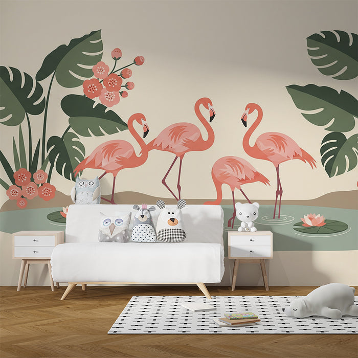 Vægbeklædning til børneværelse | Flamingoer og tropiske blomster ved vandkanten
