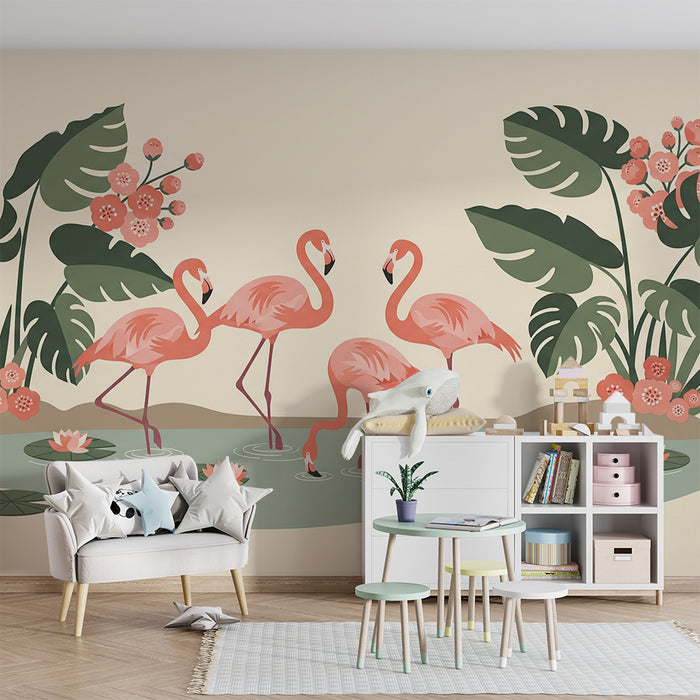 Vægbeklædning til børneværelse | Flamingoer og tropiske blomster ved vandkanten