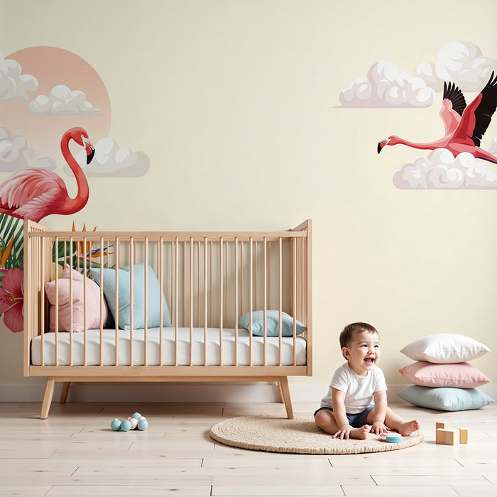 Baby room wallpaper | Pink flamingos and tropical flowers under a cloudy sky