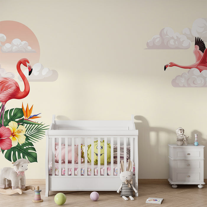 Baby room wallpaper | Pink flamingos and tropical flowers under a cloudy sky