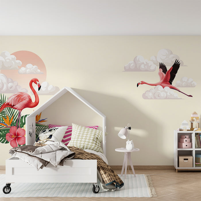 Baby room wallpaper | Pink flamingos and tropical flowers under a cloudy sky