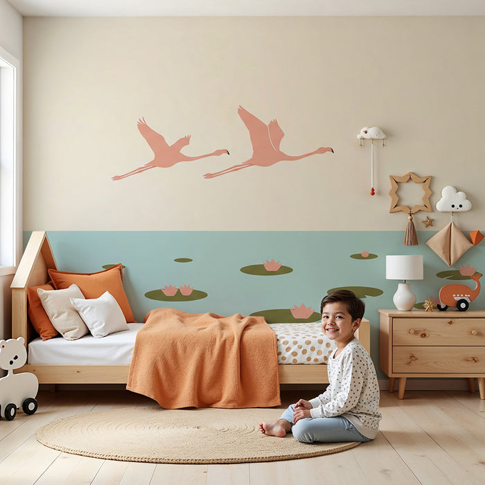 Baby's Room Wallpaper | Flamingos on a Serene Lake with Water Lilies