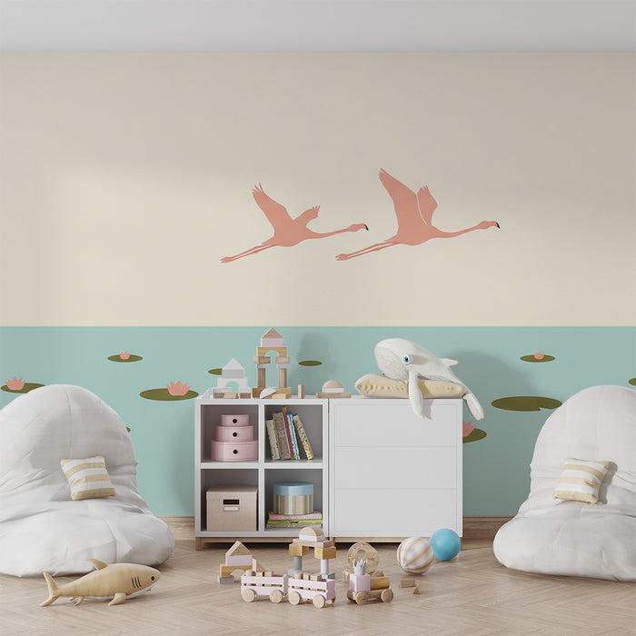 Baby's Room Wallpaper | Flamingos on a Serene Lake with Water Lilies