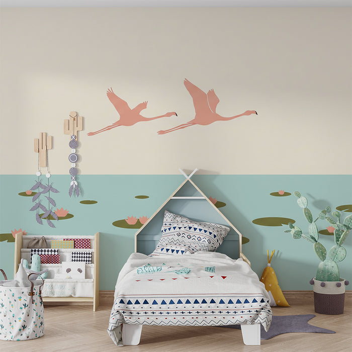 Baby's Room Wallpaper | Flamingos on a Serene Lake with Water Lilies