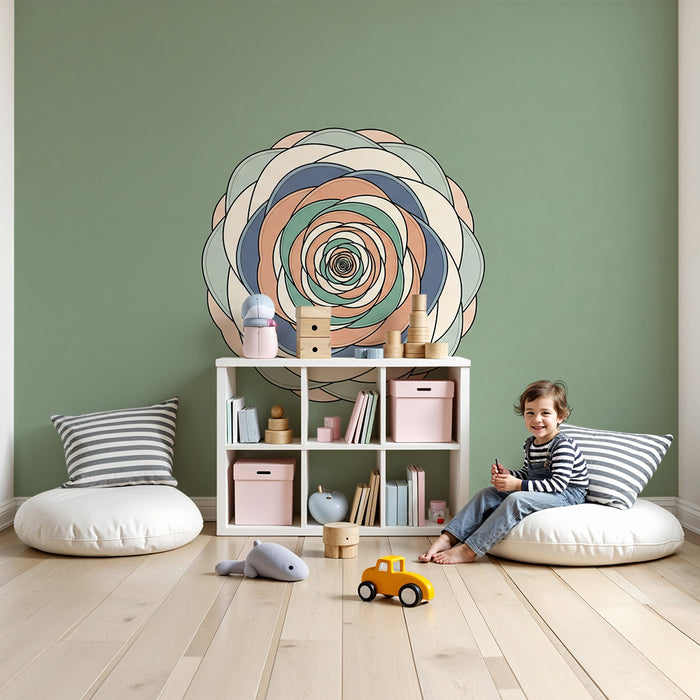 Papier peint chambre bébé | Fleur stylisée aux couleurs douces sur fond vert