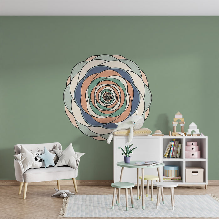 Papier peint chambre bébé | Fleur stylisée aux couleurs douces sur fond vert