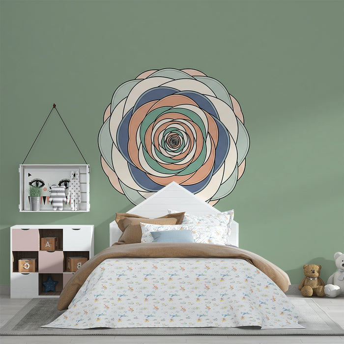 Papier peint chambre bébé | Fleur stylisée aux couleurs douces sur fond vert
