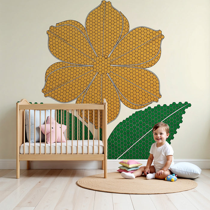 Nursery Wallpaper | Stylized Gold Flower with Green Foliage