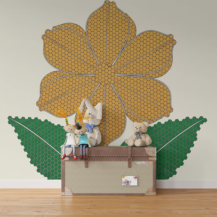 Nursery Wallpaper | Stylized Gold Flower with Green Foliage