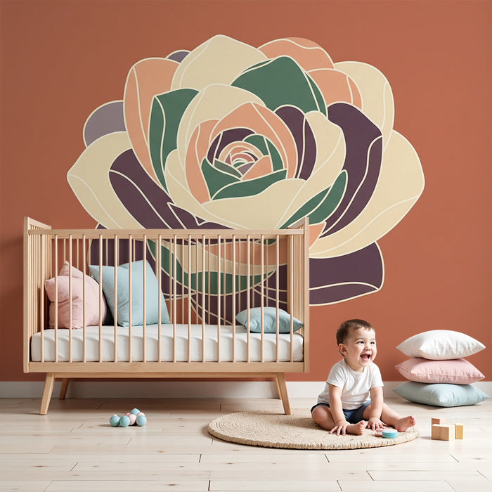 Papier peint chambre bébé | Fleur stylisée sur fond terracotta