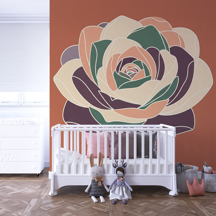Papier peint chambre bébé | Fleur stylisée sur fond terracotta