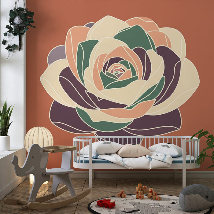Papier peint chambre bébé | Fleur stylisée sur fond terracotta
