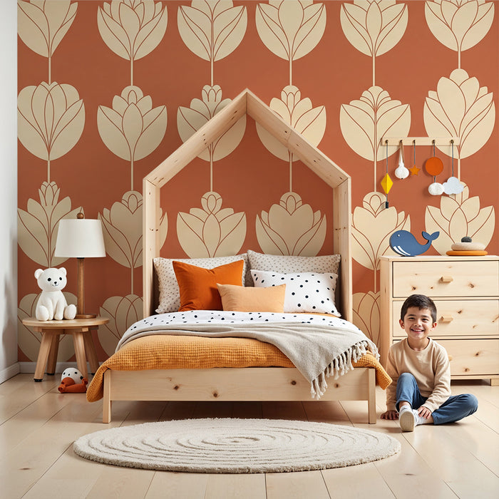 Babyzimmer Tapete | Beige Blumen auf terrakottafarbenem Hintergrund