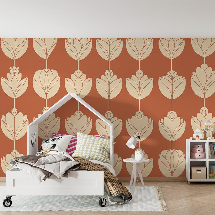 Babyzimmer Tapete | Beige Blumen auf terrakottafarbenem Hintergrund