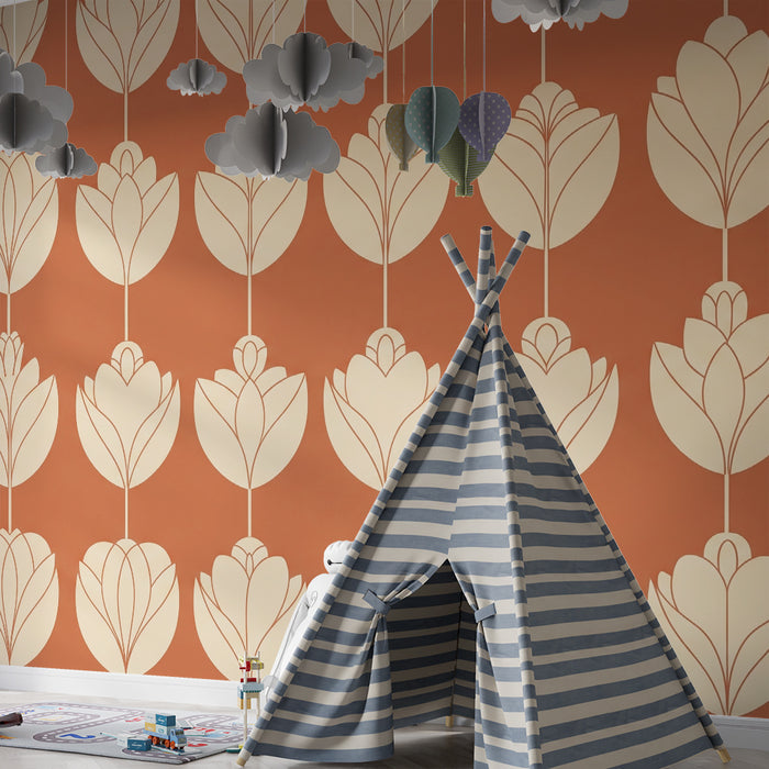 Babyzimmer Tapete | Beige Blumen auf terrakottafarbenem Hintergrund
