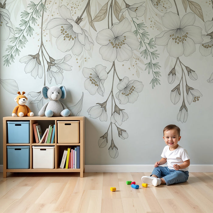 Barntapet | Delikata vita blommor med mjuka blad
