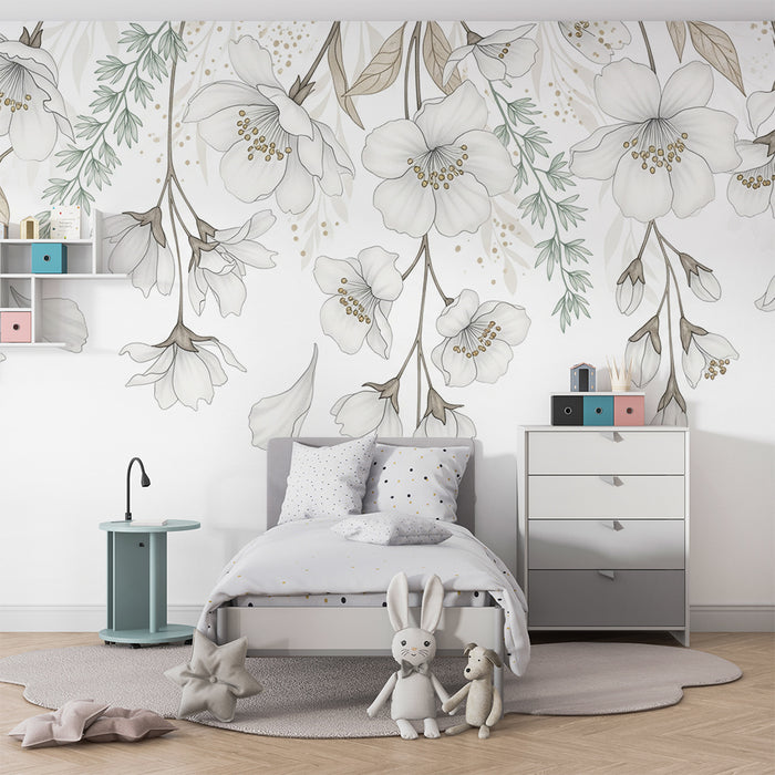 Barntapet | Delikata vita blommor med mjuka blad