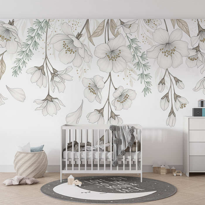 Barntapet | Delikata vita blommor med mjuka blad