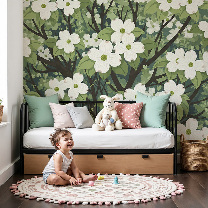 Babyzimmer Tapete | Weiße Blüten und üppiges Blattwerk für eine sanfte Atmosphäre