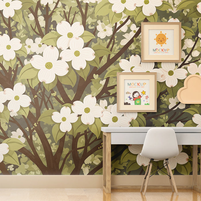 Babyzimmer Tapete | Weiße Blüten und üppiges Blattwerk für eine sanfte Atmosphäre