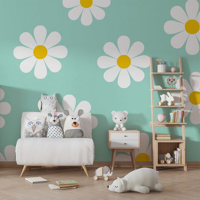 Barntapet | Vita blommor och mintgrön bakgrund