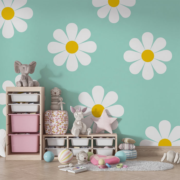 Barntapet | Vita blommor och mintgrön bakgrund