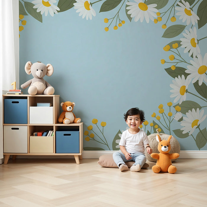 Papier peint chambre bébé | Fleurs blanches et jaunes sur fond bleu apaisant