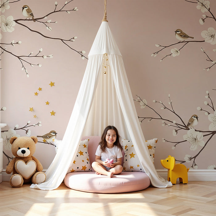 Baby nursery wallpaper | White flowers and birds on a soft pink background
