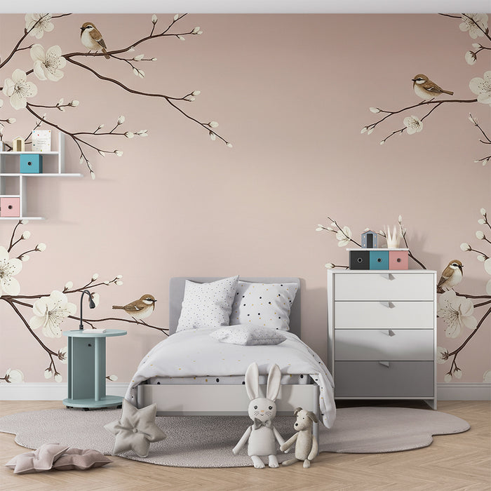 Baby nursery wallpaper | White flowers and birds on a soft pink background