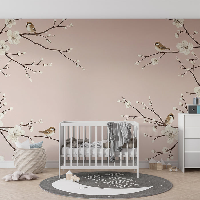 Baby nursery wallpaper | White flowers and birds on a soft pink background