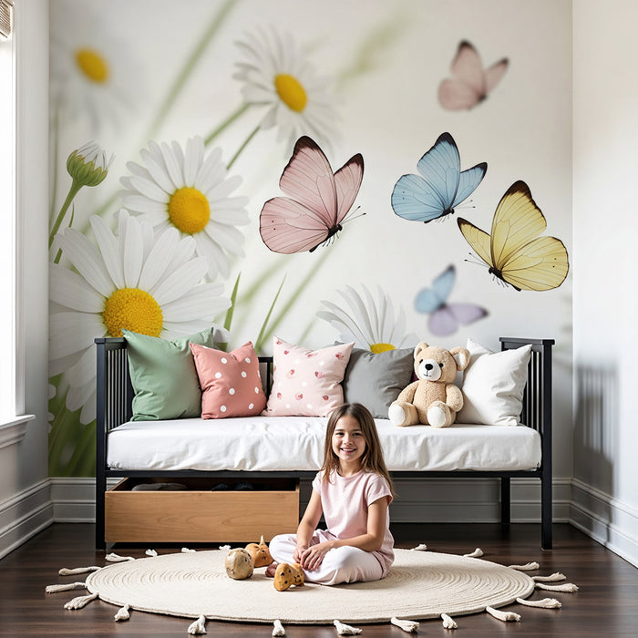 Barntapet | Vita blommor och färgglada fjärilar i en vårig miljö