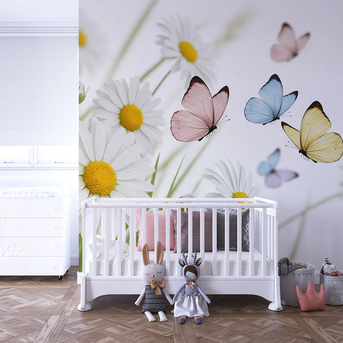 Barntapet | Vita blommor och färgglada fjärilar i en vårig miljö