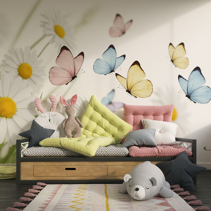 Barntapet | Vita blommor och färgglada fjärilar i en vårig miljö