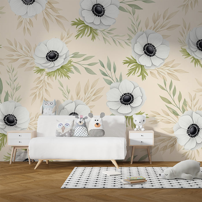 Papel de parede quarto bebê | Flores brancas em fundo bege