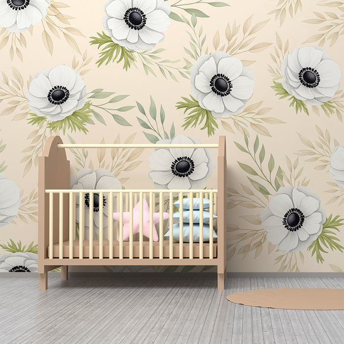 Papel de parede quarto bebê | Flores brancas em fundo bege