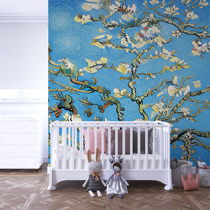 Χαρτί τοίχου βρεφικού δωματίου | Λευκά λουλούδια σε μπλε φόντο που εμπνέουν γλυκύτητα