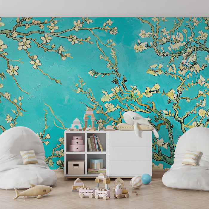 Nursery room wallpaper | White flowers on a turquoise background evoking spring