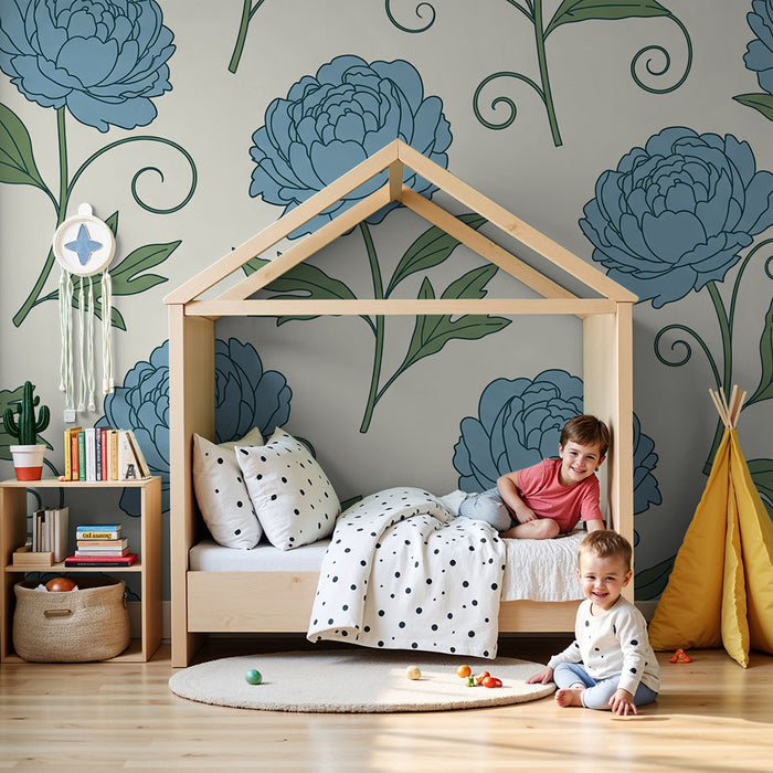Papel de parede quarto bebê | Flores azuis delicadas em fundo creme