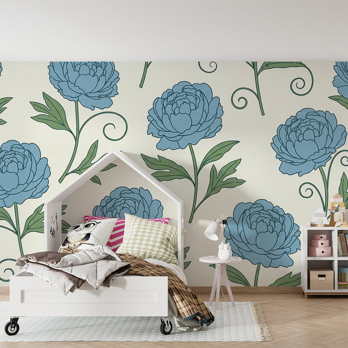 Papel de parede quarto bebê | Flores azuis delicadas em fundo creme