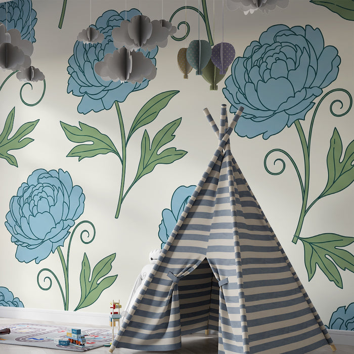 Papel de parede quarto bebê | Flores azuis delicadas em fundo creme